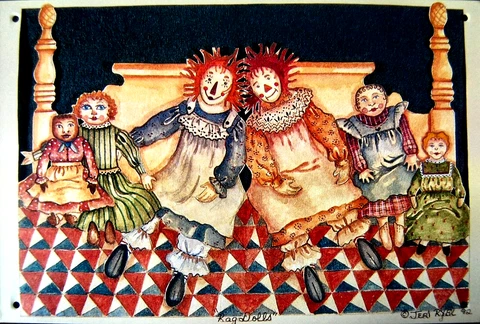 ANTIQUE DOLLS TIN SIGN REPRO 6"x 9" RAGGEDY ANN * Vintage Rag Dolls on Quilt NEW Cover