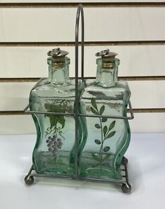 Casafina Glass Hand painted Portugal Kitchen Cork Set Two Wavy Bottles Carrier