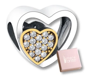 MariaFonte Bead Charm Cuore Oro Zirconi Ciondolo Fortuna Argento 925 Compatibile - Picture 1 of 4