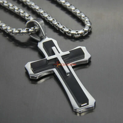 Enorme collar colgante de cruz de acero inoxidable de 3 capas grande pesado plateado/negro para hombre Foto 1 de 4
