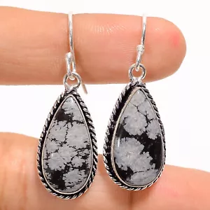 Snowflake Obsidian Gemstone Fashion Jewelry 925 Silver Earrings 1.6" ARE-4045 - Picture 1 of 3