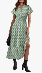 Maxi Dress for Women Summer Casual V Neck Puff Short Sleeve Boho Dark Green - Picture 1 of 6