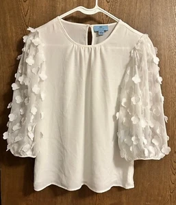 CeCe Floral Blouse Womens Small Sheer Sleeves Crepe Balloon Sleeve Flowers Ivory - Picture 1 of 6