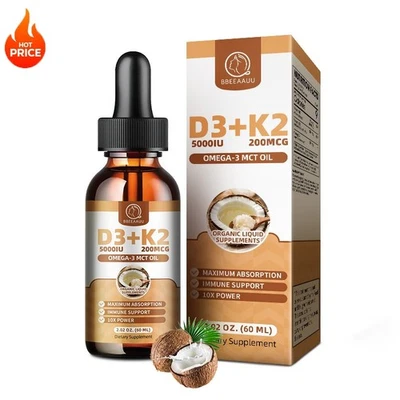 Vitamina D3 K2 líquida 5000 UI&125MCG-Vitamina D com gotas de vitamina K2 ômega 3 - Imagem 1 de 4