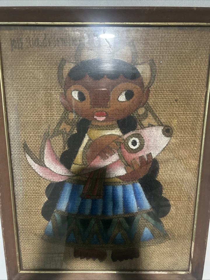 Pintura al óleo Servin pintura sobre arpillera de niña sosteniendo un pez Foto 1 de 3