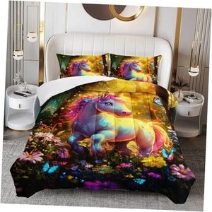 3 Piece Cute Unicorn Comforter Set for Kids, Cartoon Comforter Size Twin 007 - Picture 1 of 8