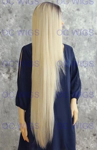Rooted Light Blonde Super Long Straight Lace Front Echthaar Mischung Perücke EVFR - Bild 1 von 8