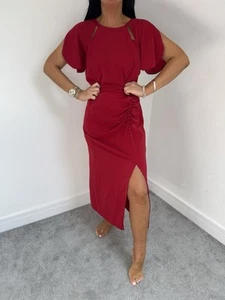 VESTIDO LIPSY TALLA 10 ROJO PROFUNDO SLINKY ACANALADO DETALLE BOTÓN MIDI NUEVO CON ETIQUETA - Imagen 1 de 7