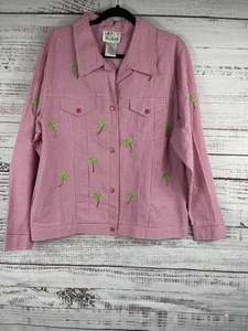 Quacker Factory Jacket Womens Large Gingham Palm Tree Embroidered Button Front - Picture 1 of 7