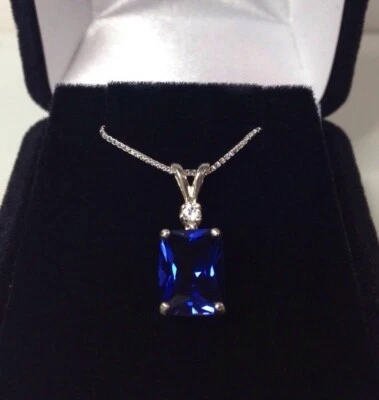 Natural Blue Sapphire Pendant, Emerald Cut Silver Necklace Gifted Item for Love - Image 1 of 4