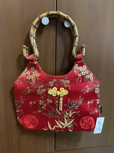 red chinese handbag women asian pretty clutch silk and polyester bamboo handle - Picture 1 of 6