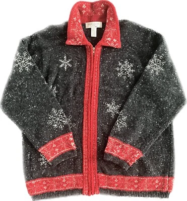 Suéter Jones New York Navidad Copos de Nieve Rojo Gris Vacaciones Talla 1X Mezcla de Lana Foto 1 de 4