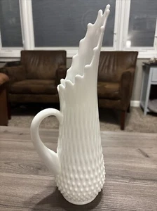 Mid Century Vase Hobnail White Milk Glass Stretch Swung Applied Handle Pitcher - Picture 1 of 6
