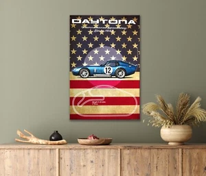 Sleek Shiny Blue Sports Car, Flag Design 40x60cm Canvas or Metal Print Wall Art - Picture 1 of 4