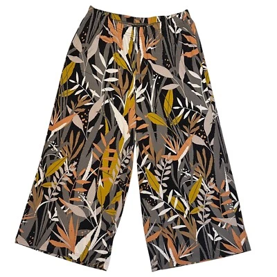 Pantalones Capri Bob Mackie Pierna Ancha Talla Mediana Tropical Floral Boho Marrón Jersey Tejido Foto 1 de 4