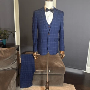 Men’s Blue Plaid 3 Piece Slim Fit Suit Notched Lapel Jacket Size 36 Pants 34 NEW - Picture 1 of 16