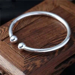 Solid Silver Mens Women Heavy Plain Ball Torque Bangle Cuff Bracelet Bangle - Picture 1 of 11
