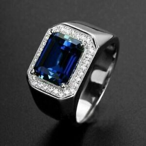 2Ct Blue Sapphire Men's Classic Engagement & Wedding Ring 14K White Gold Finish