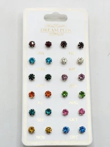 Dream Plus Birthstone Stud Earrings Silver Tone Set of 12 NOS - Picture 1 of 10