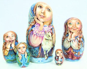 5p Handpainted Only one Russian Nesting Doll "Girls with their goats", Chmelyova - Picture 1 of 5