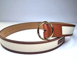 Ann Taylor Größe S Damen Gürtel Leder Canvas braun beige goldfarbene Schnalle neu ohne Etikett - Bild 1 von 8