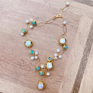 cultured white pearl blue murano glass necklace - Picture 1 of 1