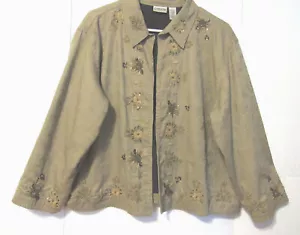 Chico's Womens 3 L/XL Open Front Jacket Tan Beaded Floral Embroidery Long Sleeve - Picture 1 of 5