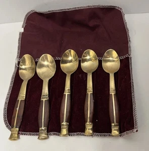 Vintage Bronze & Teakwood Demitasse Spoons in Protective Storage Case - Set of 5 - Picture 1 of 13
