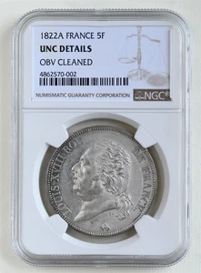 1822 A France 5 Francs 5F (Louis XVIII) Paris Mint NGC UNC Details - OBV CLEANED - Picture 1 of 4
