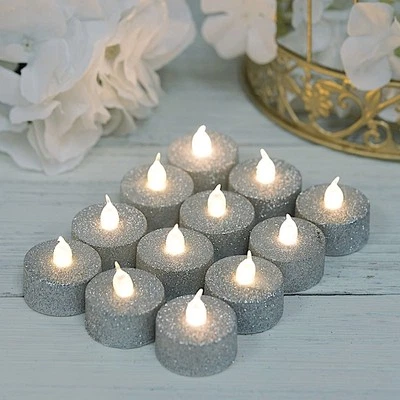 SILVER 12 LED Tealight Glittered Candles Lights Light Gray Home Centerpieces - Image 1 of 4