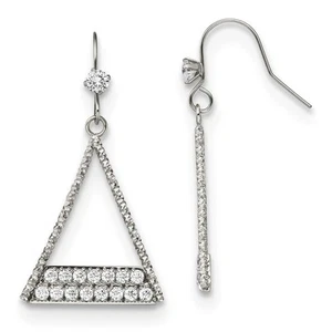 Stainless Steel Polished w/CZ Triangle Dangle Shepherd Hook Earrings - Picture 1 of 4