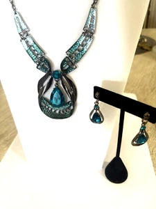 Blue Teal Grey Metallic Bold Statement Necklace + Earring 2 PC Set - Picture 1 of 13