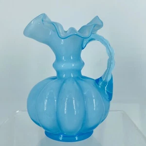Fenton Blue Glass Melon Pitcher Vase Crimped Ruffle Edge Handle 4.5" Vintage - Picture 1 of 10