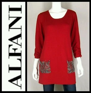 Alfani gelb gerafft 3/4 Ärmel Perlen vorne Baumwollmischung Tunika Pullover ~ S M3020 - Bild 1 von 12