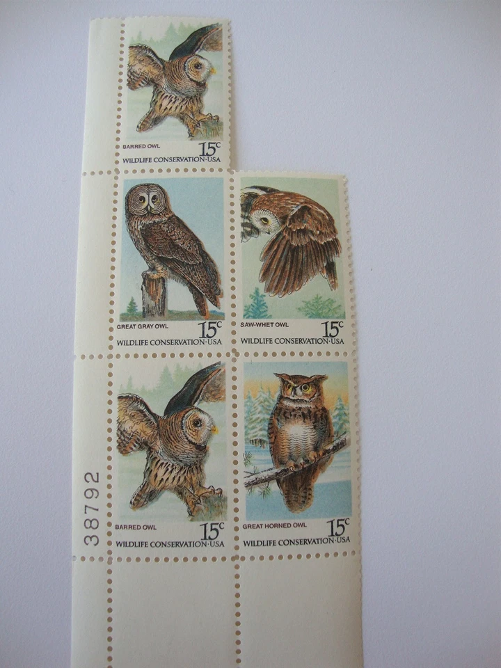 Vintage US POSTAGE 15 cent stamp PLATE BLOCK OWLS Barred Great Northern MNH - Image 1 of 1
