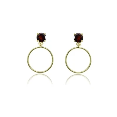 Yellow Gold Flashed Sterling Silver 4mm Garnet Dangling Round Hoop Stud Earrings - Image 1 of 3