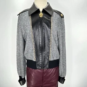 St. John Jacket Women M Black White Wool Leather Knit Zip Old Money USA VTG Y2K - Picture 1 of 16