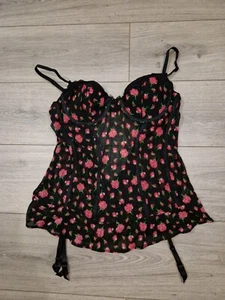 Vintage Ann Summers Spanish Rose Black & Pink Floral Cami Suspender Size 14-16 - Picture 1 of 24