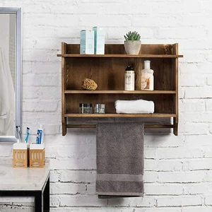 Rustic 3-Tier Wall Mounted Brown Wood Bathroom Shelves w/Hanging Hand Towel Bar - Picture 1 of 7