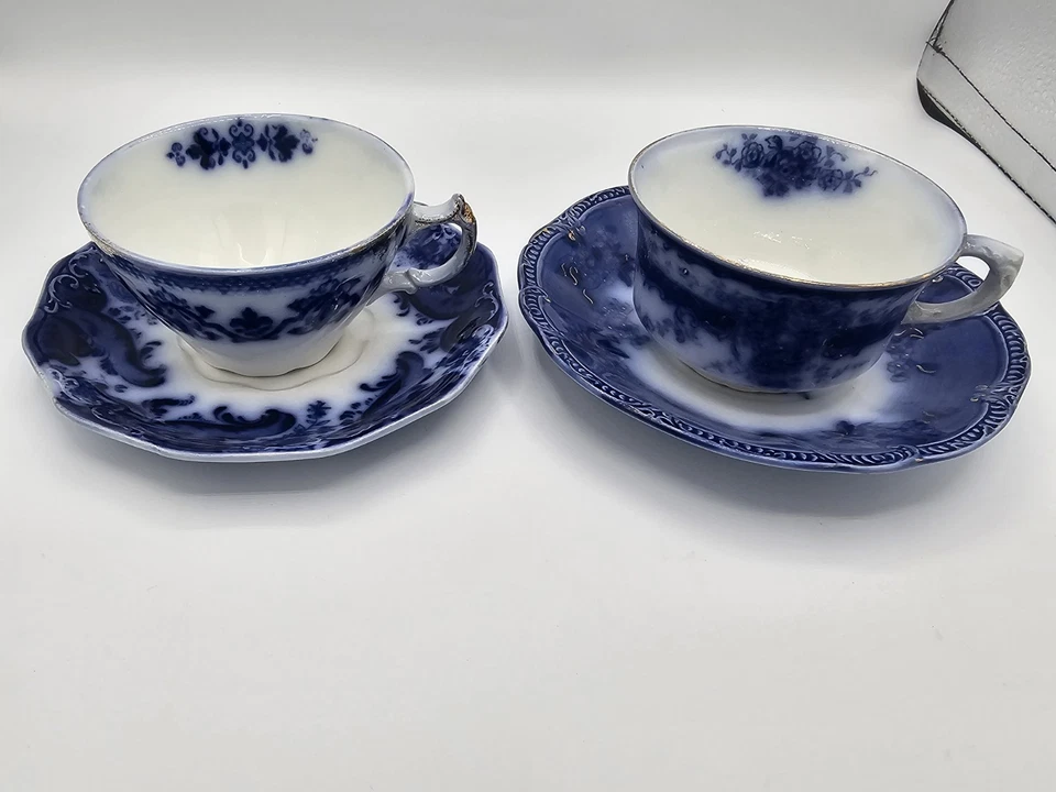 Antiguo juego de tazas/platillos Flow Blue X 2 England Ridgeway Lugano y Grindley Argyle Foto 1 de 4