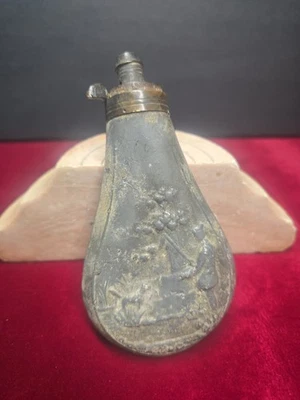 Antique 19th Century Powder Flask Zinc & Brass Embossed Hunter Dog Scene  - Image 1 of 4