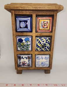 Farmacia 6 cassetti in ceramica dipinti a mano mobiletto in legno porta tè boho - Foto 1 di 20