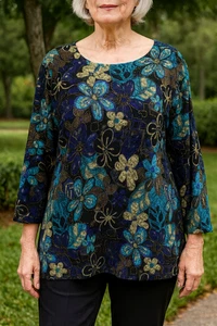 Blusa túnica Notations talla XL floral boho caprichosa hada elástica metálica brillante - Imagen 1 de 4