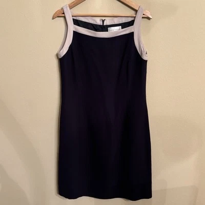 CASUAL CORNER*VTG Dress Women 14 Black Boat Neck Sleeveless Tan Trim Sheath Midi - Image 1 of 4