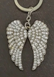 Angel Wing Key Chain, Silver Rhinestone Iridescent, Key Ring - Picture 1 of 6