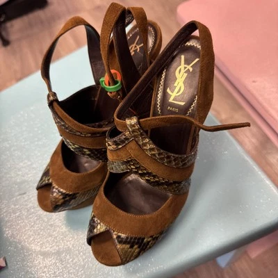 Hermosos Tacones Vintage Gamuza Pitón Palais 105 Tabaco y Verde 39 Foto 1 de 4