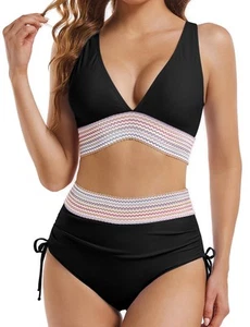High Waisted Bikini Sets for Women Tummy Control Swimsuits Color Block Drawst... - Picture 1 of 7