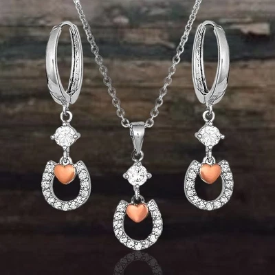 Montana Silversmiths Hoofprints My Heart Horseshoe CZ Jewelry Set - MSRP $95 NEW - Image 1 of 4