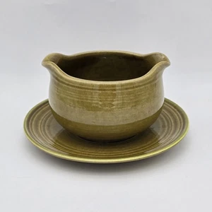 Metlox Poppytrail Gravy Boat Underplate Blue Dahlia Pottery Green USA - Picture 1 of 10