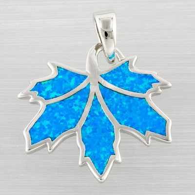 Maple Leaf Ocean Blue Fire Opal Silver Jewelry Necklace Pendant - Image 1 of 4